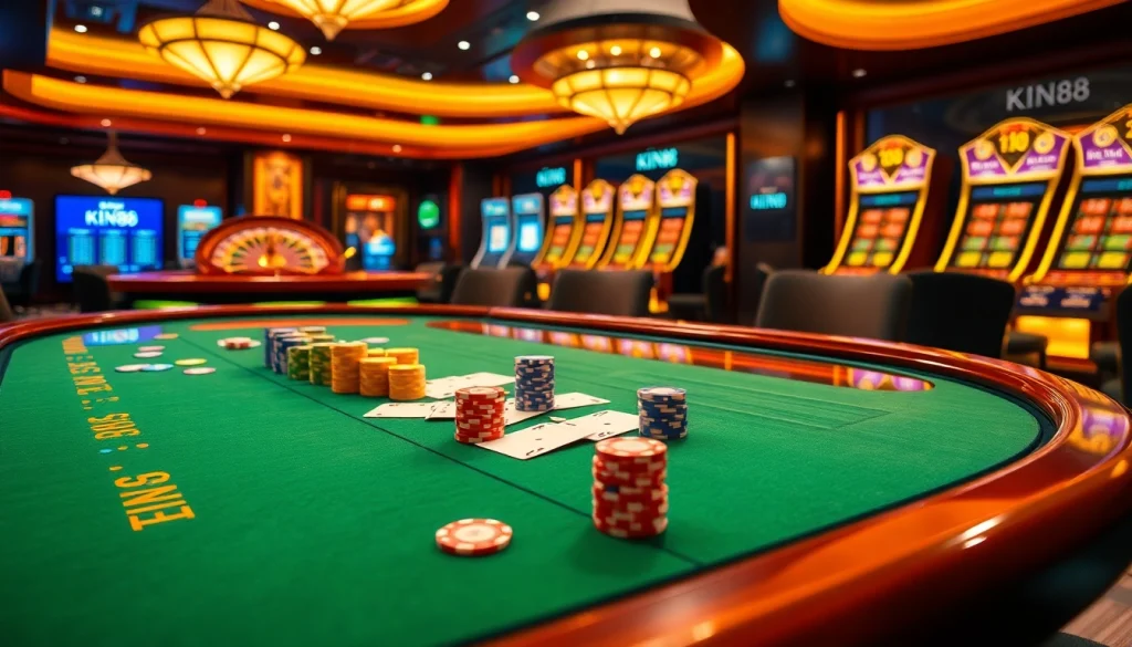 Engaging scene of KING88 poker table filled with vibrant chips and cards in a luxury casino.