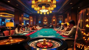B52club players strategizing at a stylish poker table, surrounded by vibrant casino elements.