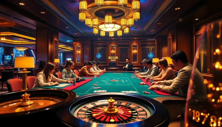 B52club players strategizing at a stylish poker table, surrounded by vibrant casino elements.