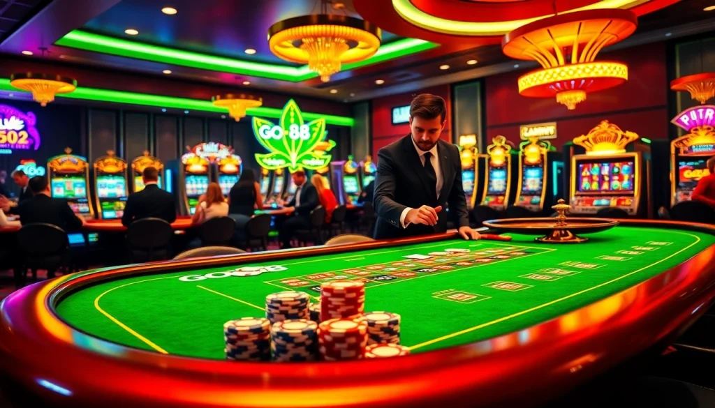 Players enjoy the excitement of GO88 at a vibrant casino table with poker chips and cards.