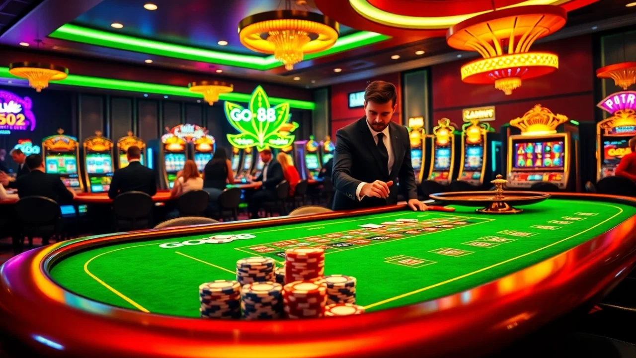 Players enjoy the excitement of GO88 at a vibrant casino table with poker chips and cards.