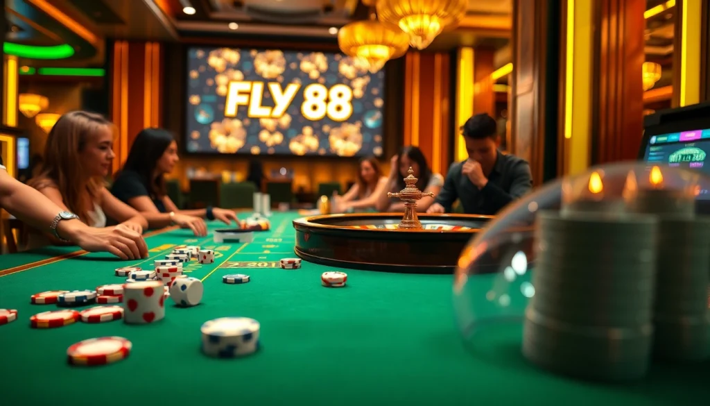 Experience high-stakes excitement at FLY 88's engaging casino games with vibrant table setups.