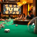Experience high-stakes excitement at FLY 88's engaging casino games with vibrant table setups.