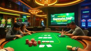 Experience thrilling gaming at gamebaidoithuong.trading with luxurious casino tables and lively atmosphere.