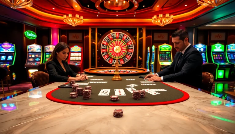 Engaging players at a blackjack table and vibrant slot machines at 789winco com.