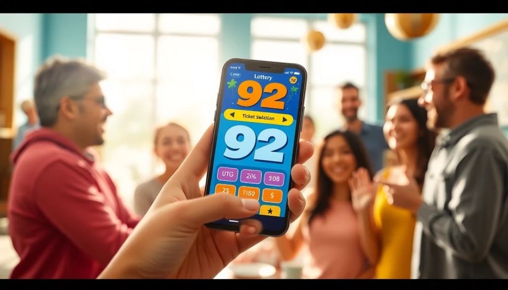 Exciting 92 lottery app interface on a smartphone amidst enthusiastic players.
