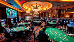 Experience the excitement of fb88 with vibrant casino tables, players, and colorful slot machines.