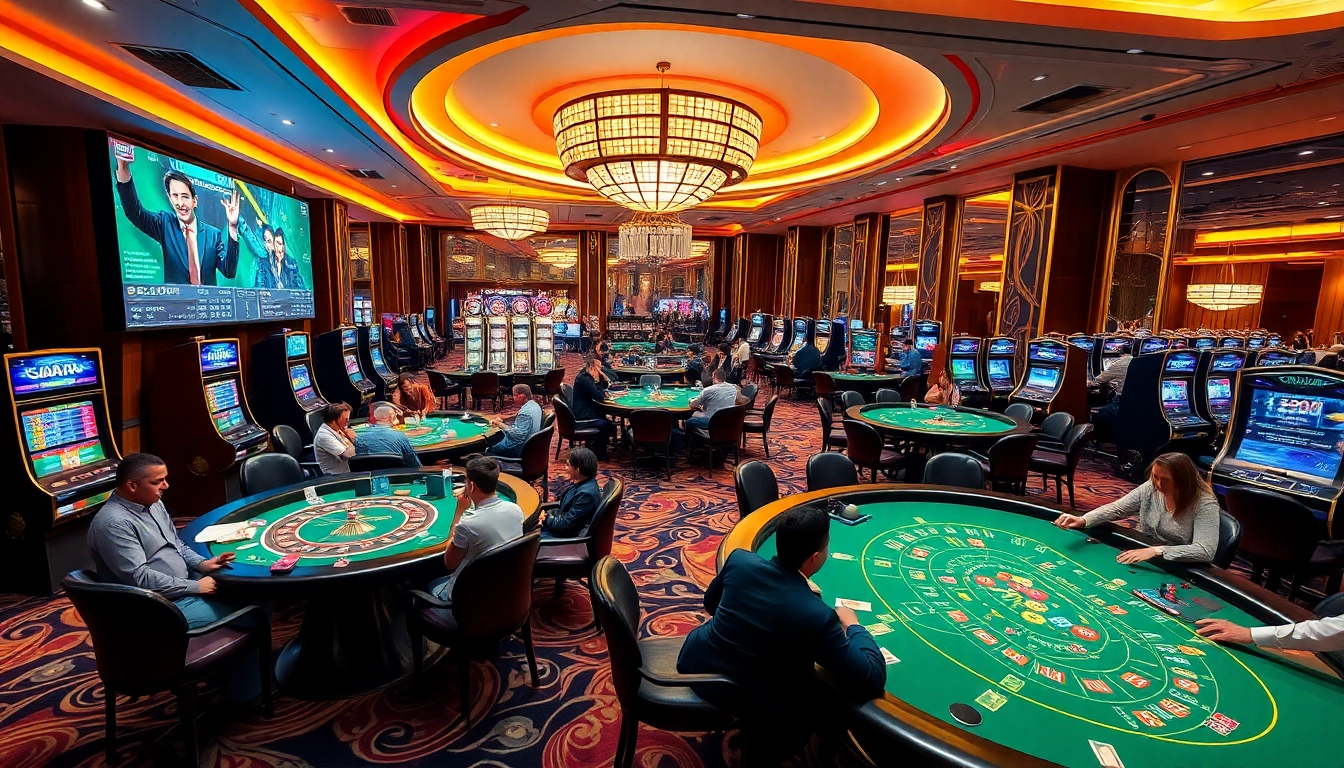 Experience the excitement of fb88 with vibrant casino tables, players, and colorful slot machines.