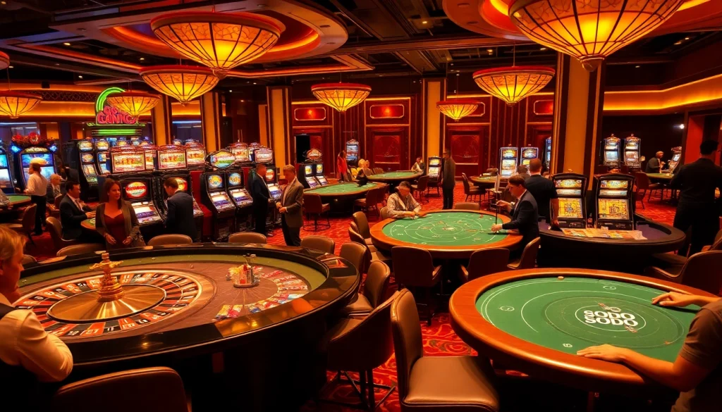 SODO Casino showcases vibrant gaming with roulette wheels and slot machines for an exciting experience.