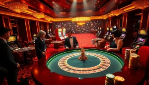 Experience the thrill of gambling at DF999.com with elegant casino players around a luxurious roulette table.