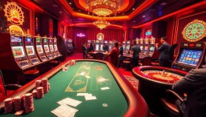 Engaging scene of poker players at UU88 casino, showcasing vibrant slot machines and poker chips.