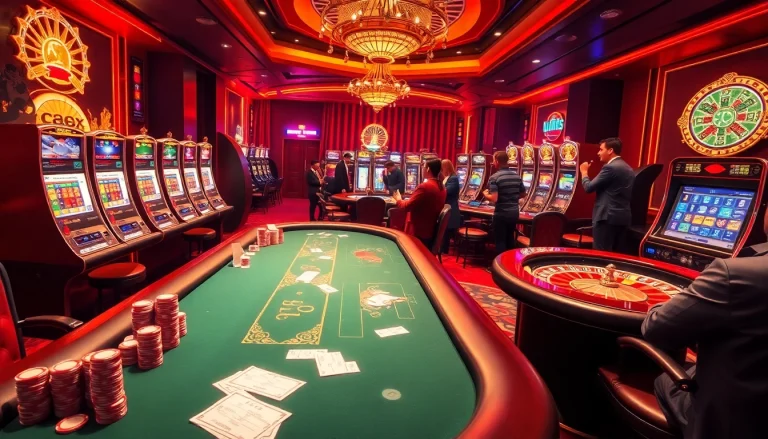 Engaging scene of poker players at UU88 casino, showcasing vibrant slot machines and poker chips.