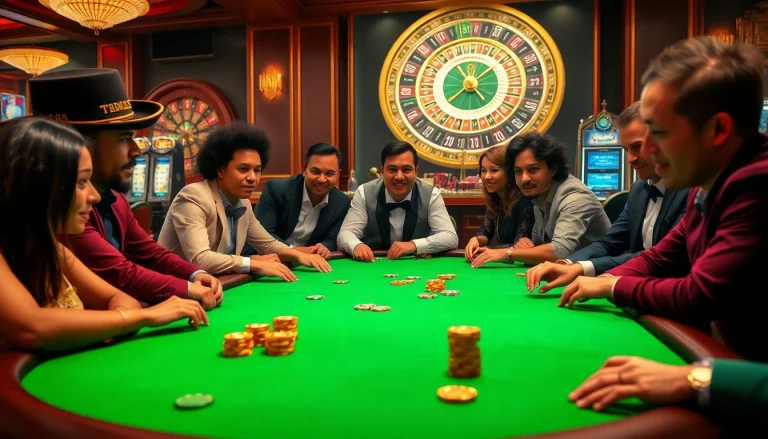 TK88 gambling scene featuring an exciting high-stakes poker table with vibrant casino elements.