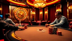GG88 players enjoying a high-stakes poker game with vibrant ambiance and luxury.