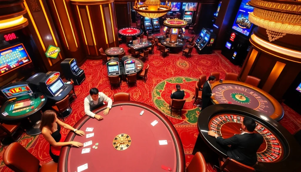 Engaging gamblers at FLY 88 poker tables and vibrant slot machines in a luxurious casino.