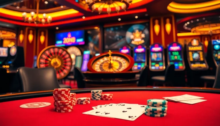 Engaging gaming scene at xin88.com.co with poker chips and a roulette wheel.