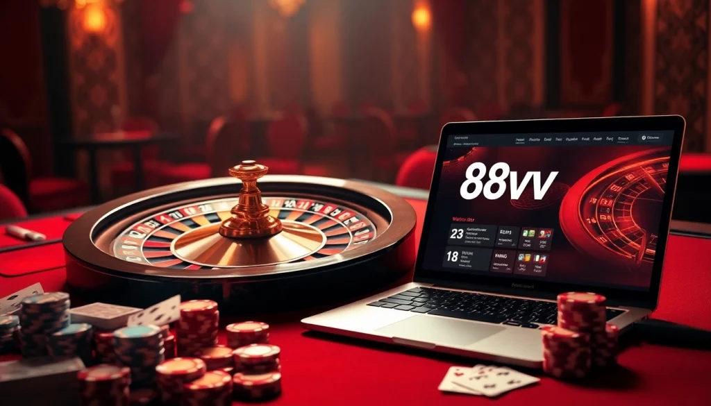 Experience the thrilling vibe of 88vv's luxurious online gambling scene with roulette and poker elements.
