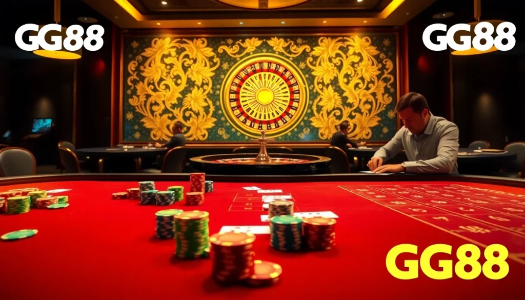 Experience high-stakes action at GG88 casino tables with poker chips and vibrant games.