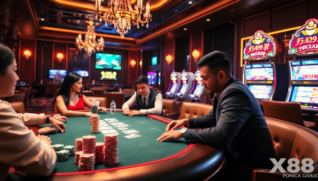 Engaging poker game scene at nhà cái X88 with vibrant chips and cards, capturing casino excitement.
