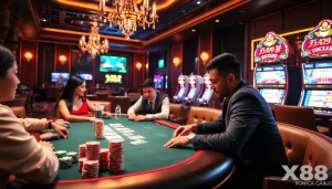 Engaging poker game scene at nhà cái X88 with vibrant chips and cards, capturing casino excitement.