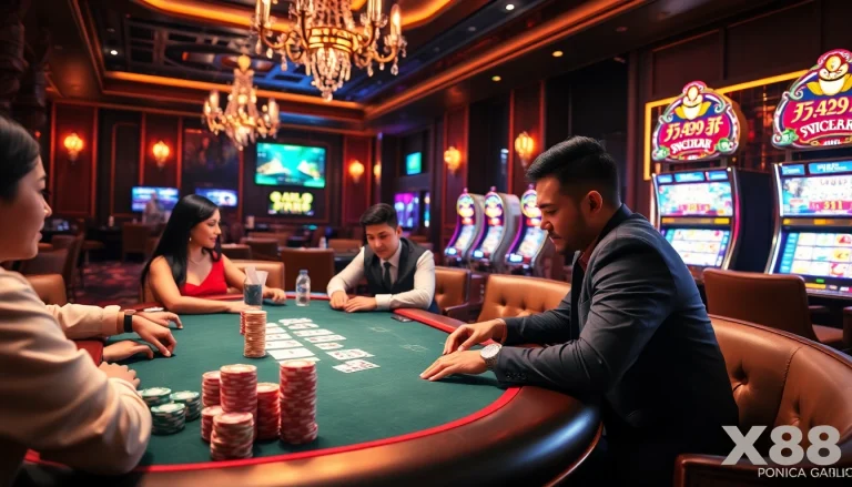 Engaging poker game scene at nhà cái X88 with vibrant chips and cards, capturing casino excitement.