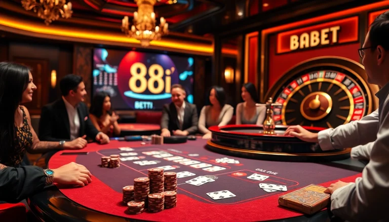 Players enjoying poker at a luxurious casino table with 88i branding in the background.