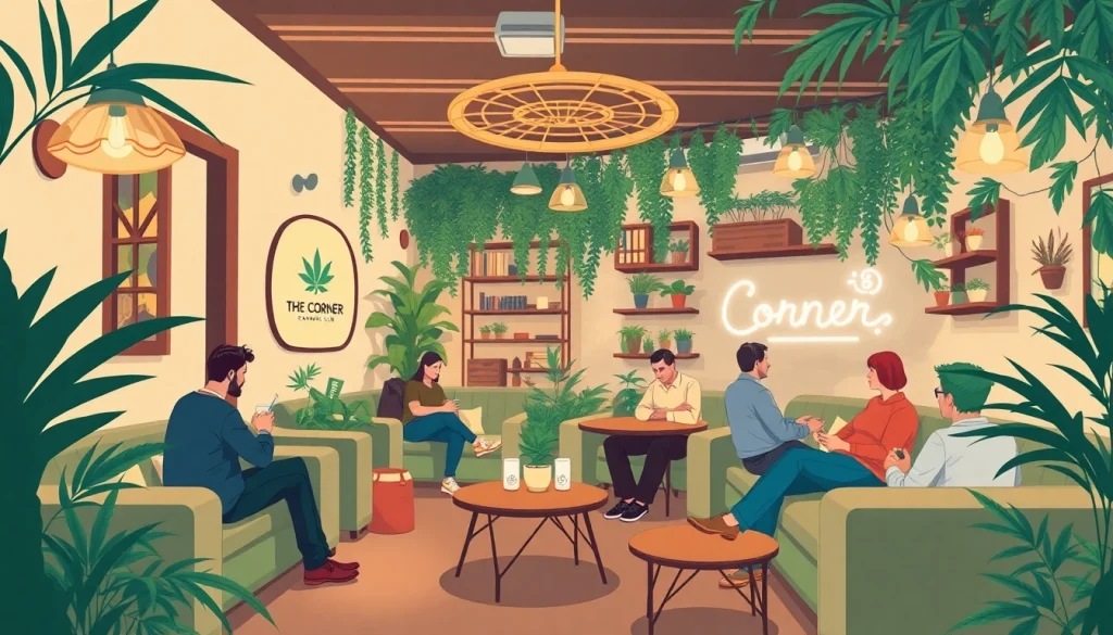 Profitez de l'ambiance accueillante de The Corner Cannabis Club Madrid avec des membres se détendant.