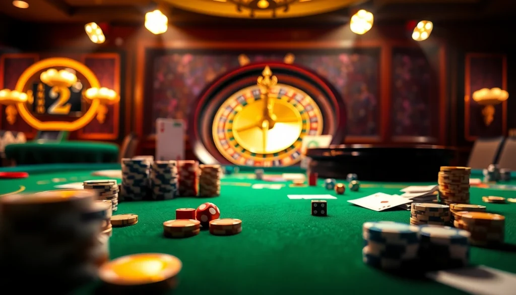 Engage in strategic gameplay at casino tables with sky88 in displaying poker chips and cards.