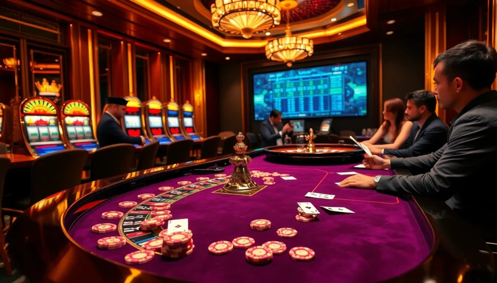 Người chơi đang tận hưởng các trò chơi cược cao tại casino LUCK8, với các chip poker và máy đánh bạc.