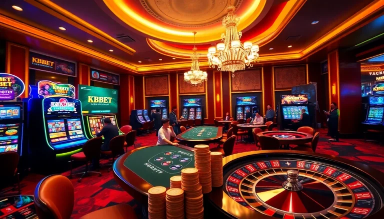 KBBET offers an exciting gambling scene with players at a poker table and dynamic slot machines.