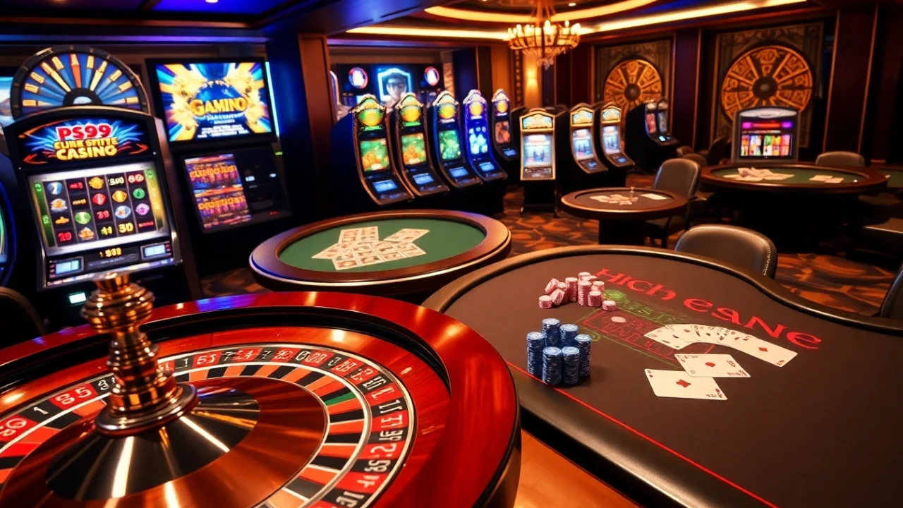 Engage in thrilling casino gameplay with PS99 amidst vibrant roulette wheels and poker tables.