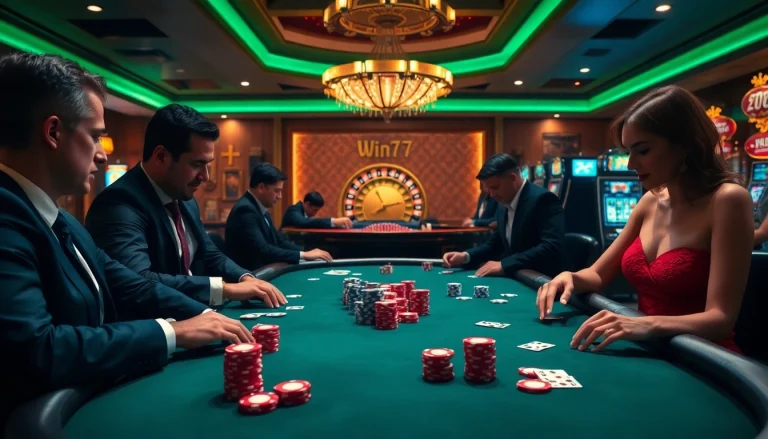 Exciting poker scene showcasing players at win79 org, surrounded by colorful chips and cards.