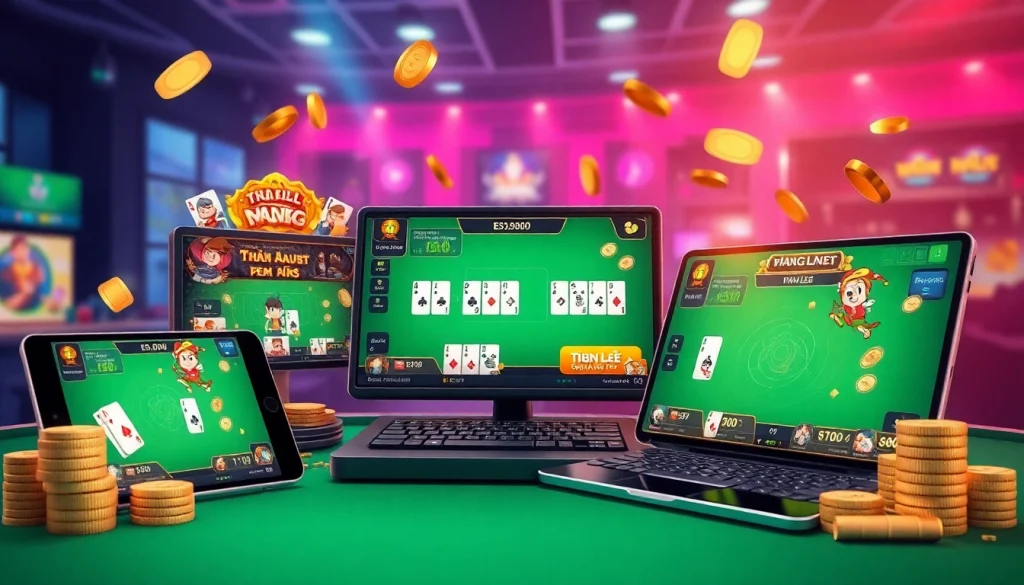 Engaging online gaming scene featuring gamebaidoithuong.com.vc with vibrant card games and celebratory animations.
