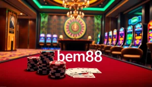 Experience the thrill of gaming with bem88 at a luxurious casino table filled with poker chips and cards.