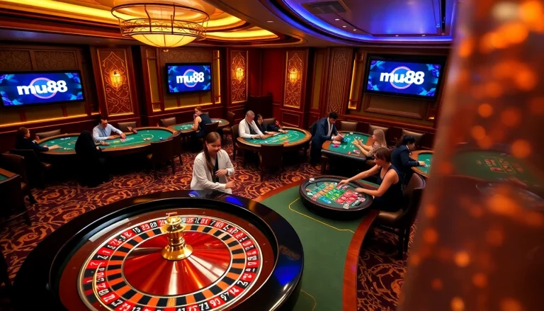 mu88 casino nhà cái uy tín showcasing a luxurious gambling environment with poker tables and roulette wheels.