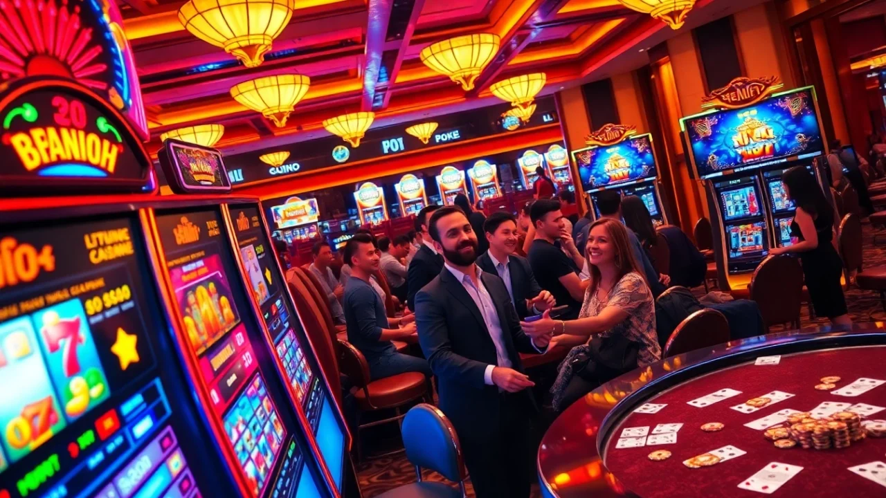 Players enjoying nổ hũ slot machines in an elegant casino setting, capturing the excitement of gambling.