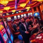 Players enjoying nổ hũ slot machines in an elegant casino setting, capturing the excitement of gambling.