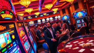 Players enjoying nổ hũ slot machines in an elegant casino setting, capturing the excitement of gambling.