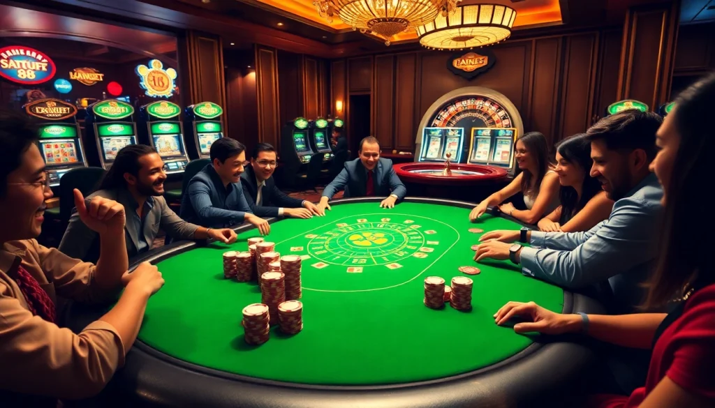 Players enjoying an exciting poker game at a luxury casino, featuring 88i themed poker chips.