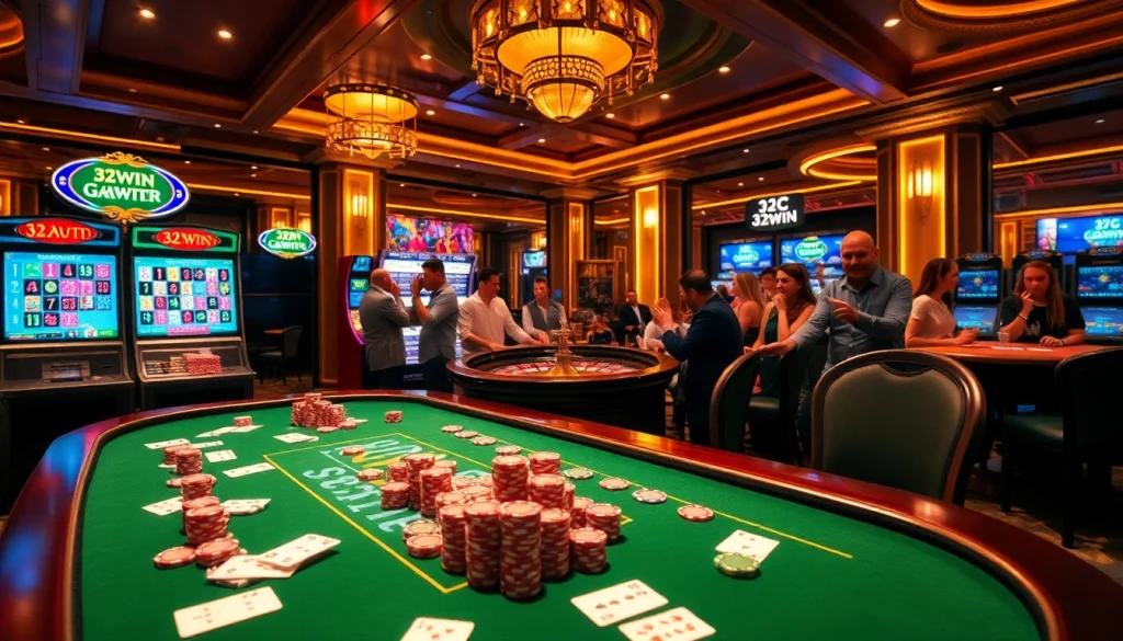 A vibrant 32win casino scene showcasing exhilarating gambling action at a poker table with lively players.
