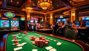 A vibrant 32win casino scene showcasing exhilarating gambling action at a poker table with lively players.