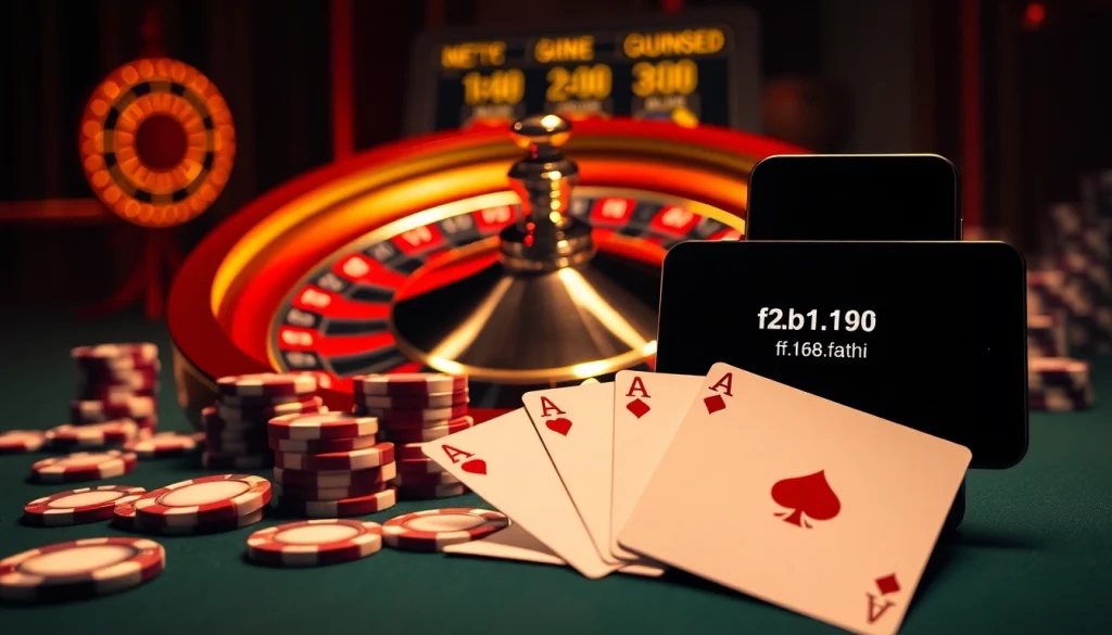 Win big with https://f168.faith/ in a vibrant online casino setting showcasing poker chips and roulette.