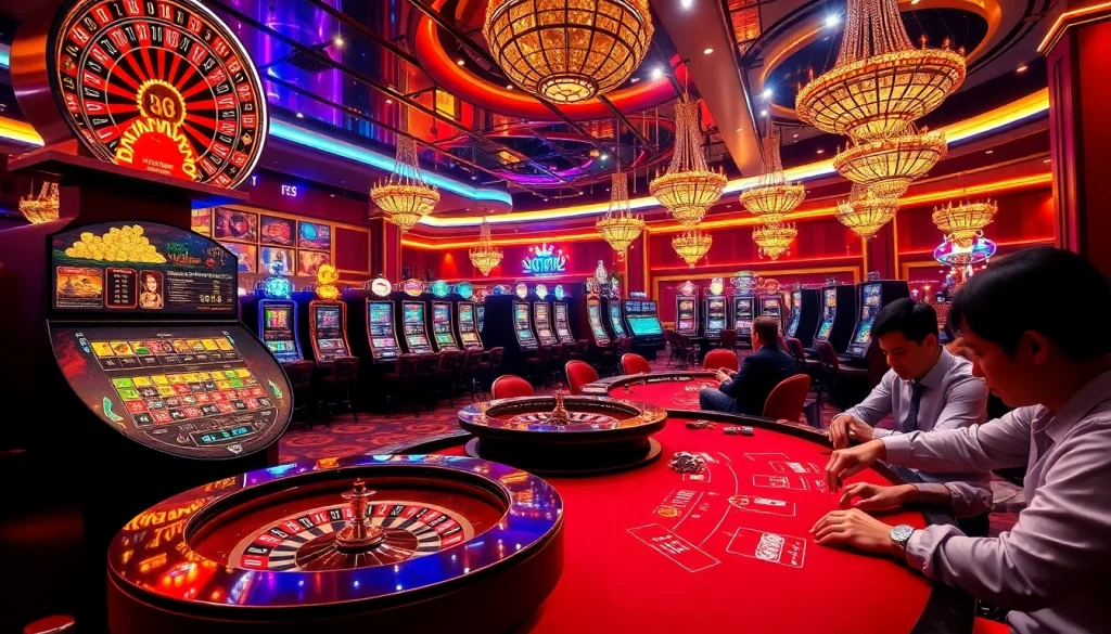 A dynamic gaming scene at nhà cái PS99, featuring vibrant roulette and slot machines in a luxurious casino setting.