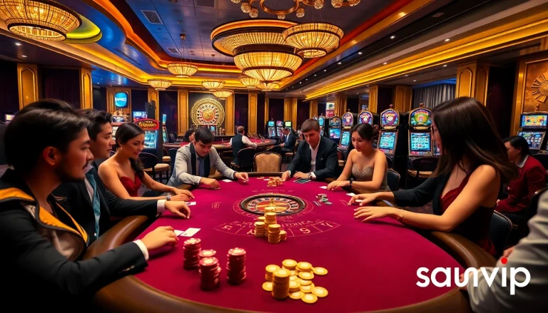 Players at a sumvip poker table strategizing and placing bets amid an exciting casino atmosphere.