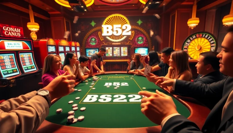 B52 poker players enjoying thrilling hands at a lively casino table surrounded by slot machines.