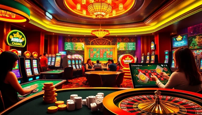 Experience thrilling gameplay at rikvip.gb.net featuring vibrant casino elements like poker tables and slot machines.