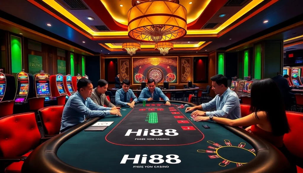 Hi88 poker table showcasing players and dealers in an exciting casino setting.