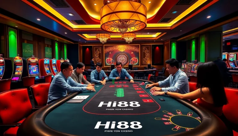 Hi88 poker table showcasing players and dealers in an exciting casino setting.