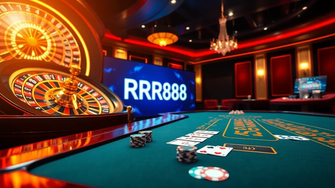 Experience RR88's thrilling casino excitement with a stylish poker table and roulette wheel.