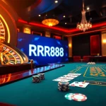 Experience RR88's thrilling casino excitement with a stylish poker table and roulette wheel.